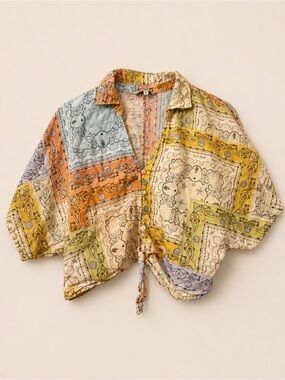Rachel Zoe Linen Blend Bandana Paisley Patchwork Tie Front Crop Top M